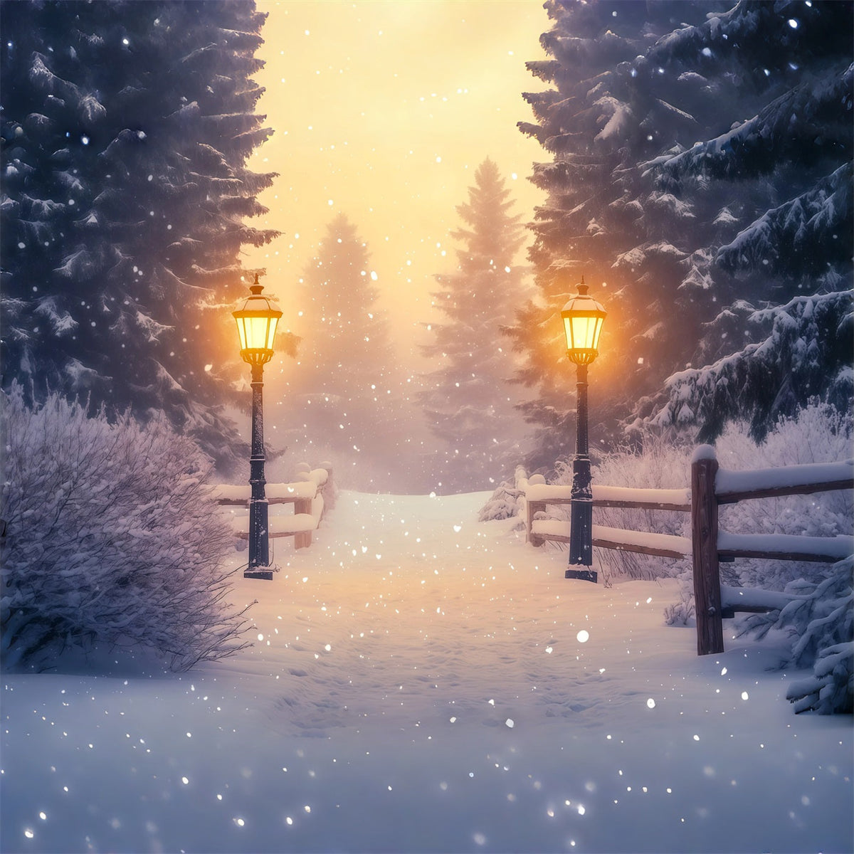 Snowy Christmas Backdrop Wonderland Forest Lantern Path Christmas Studio Backdrops UK RR68-85