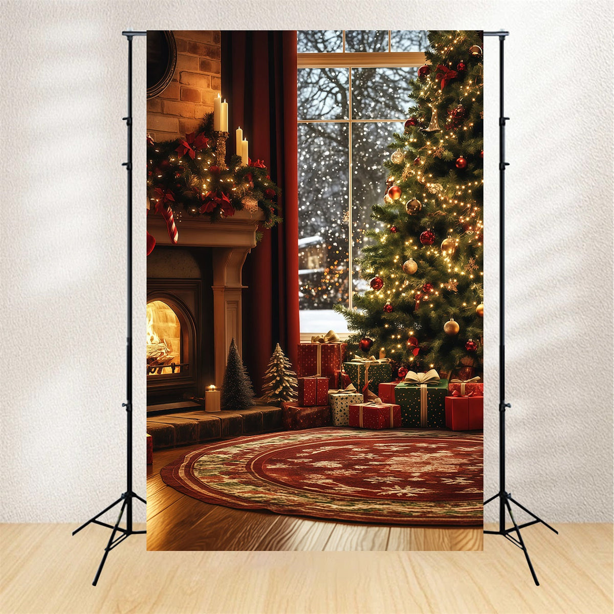 Cozy Christmas Backdrop Window Fireplace Tree Corner Studio Christmas Backdrops UK RR68-87