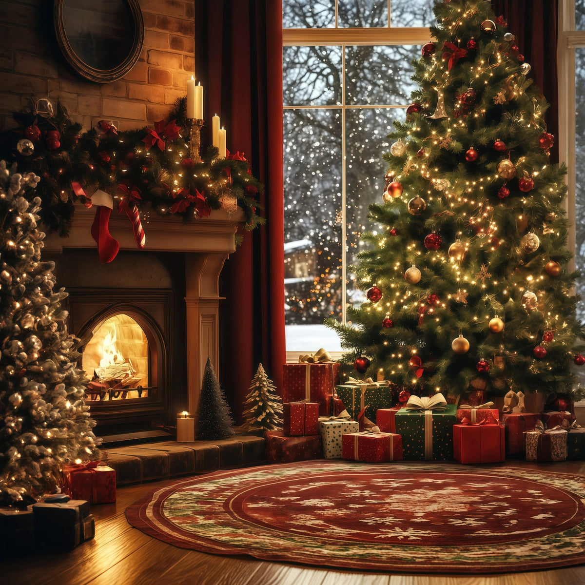 Cozy Christmas Backdrop Window Fireplace Tree Corner Studio Christmas Backdrops UK RR68-87