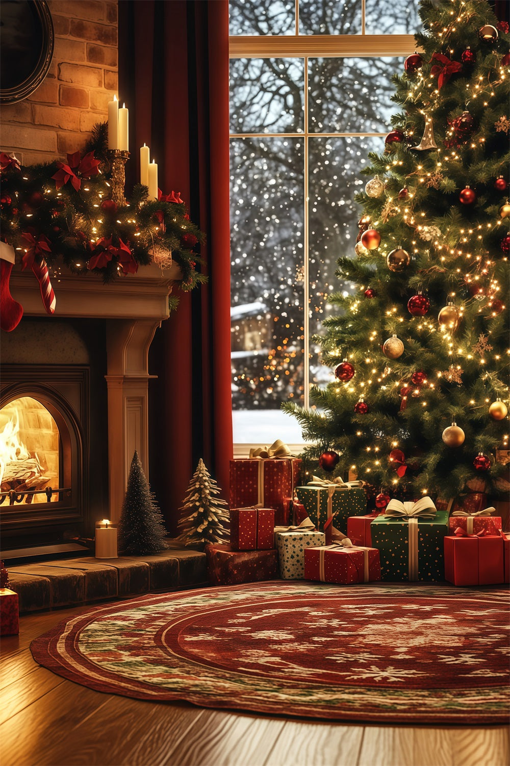 Cozy Christmas Backdrop Window Fireplace Tree Corner Studio Christmas Backdrops UK RR68-87