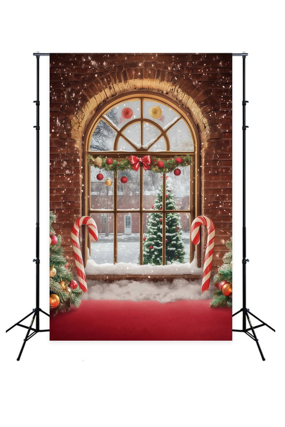 Christmas Window Backdrop Brick Candy Canes Tree Wall Christmas Backdrop UK RR68-88