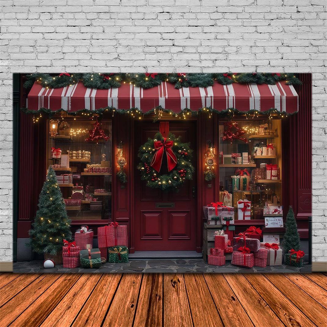 Christmas Store Backdrop Red Wreath Gift Shopfront Christmas Muslin Backdrop UK RR68-89