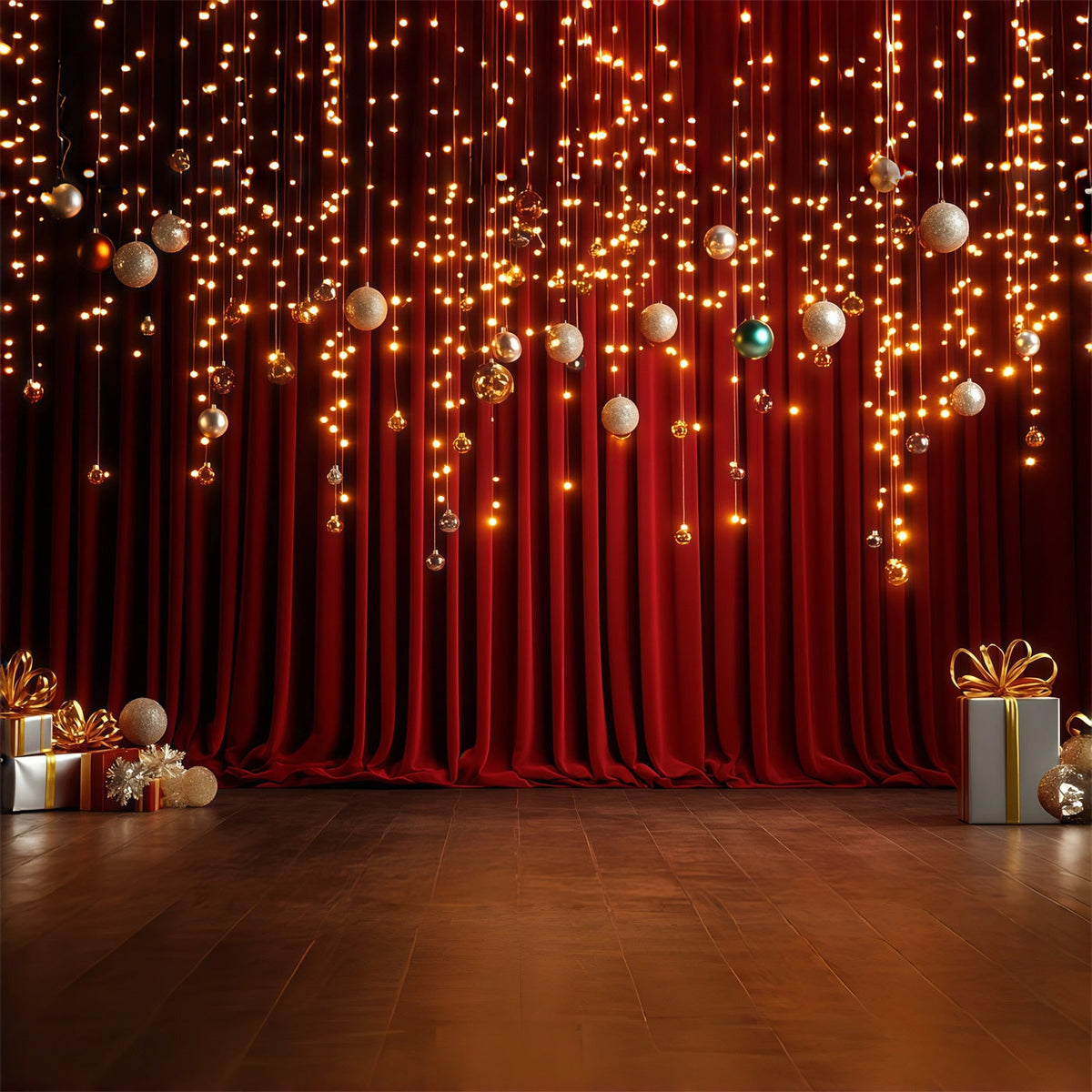 Christmas Stage Backdrops Golden Bauble Curtain Glow Christmas Indoor Backdrop UK RR68-90