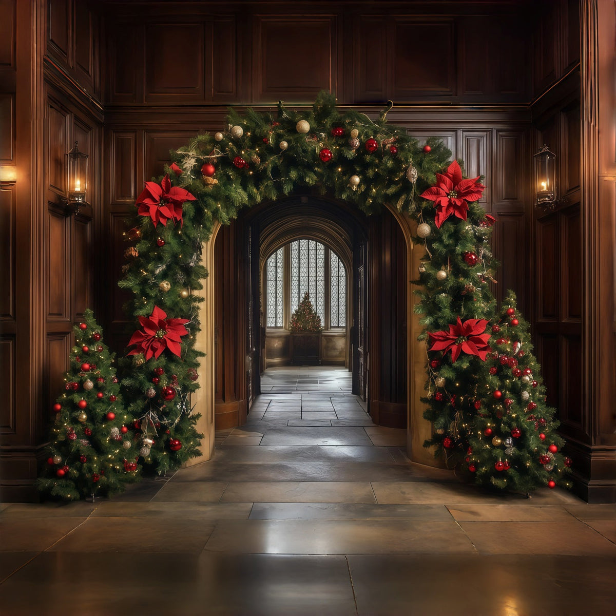 Christmas Arch Backdrop Poinsettia Garland Hallway Arch Wall Backdrop Christmas UK RR68-93