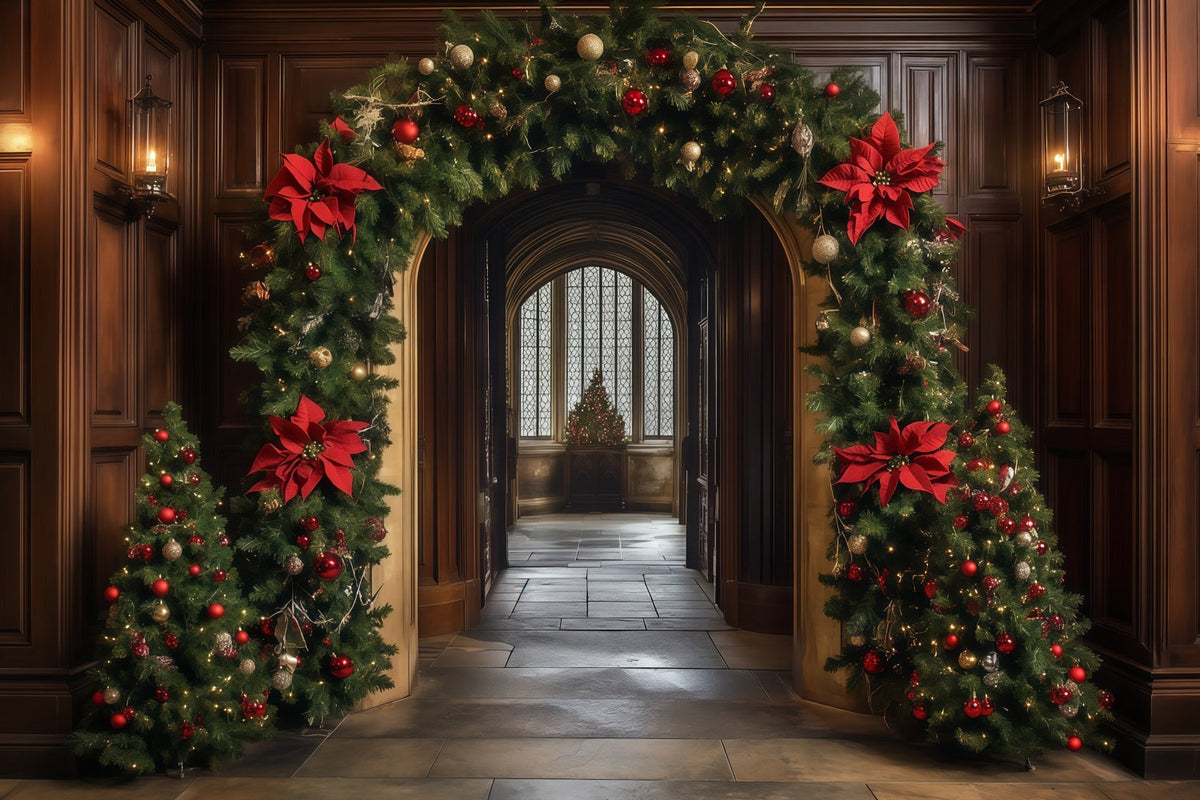 Christmas Arch Backdrop Poinsettia Garland Hallway Arch Wall Backdrop Christmas UK RR68-93