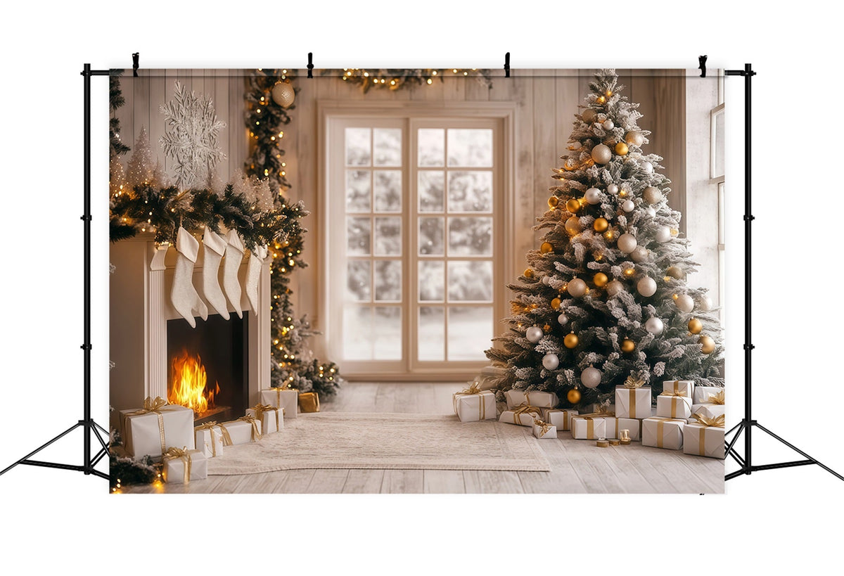 Modern Christmas Backdrop White Gold Hearth Glow Photographic Backdrops Christmas UK RR68-96
