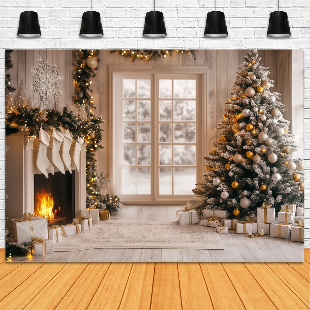 Modern Christmas Backdrop White Gold Hearth Glow Photographic Backdrops Christmas UK RR68-96