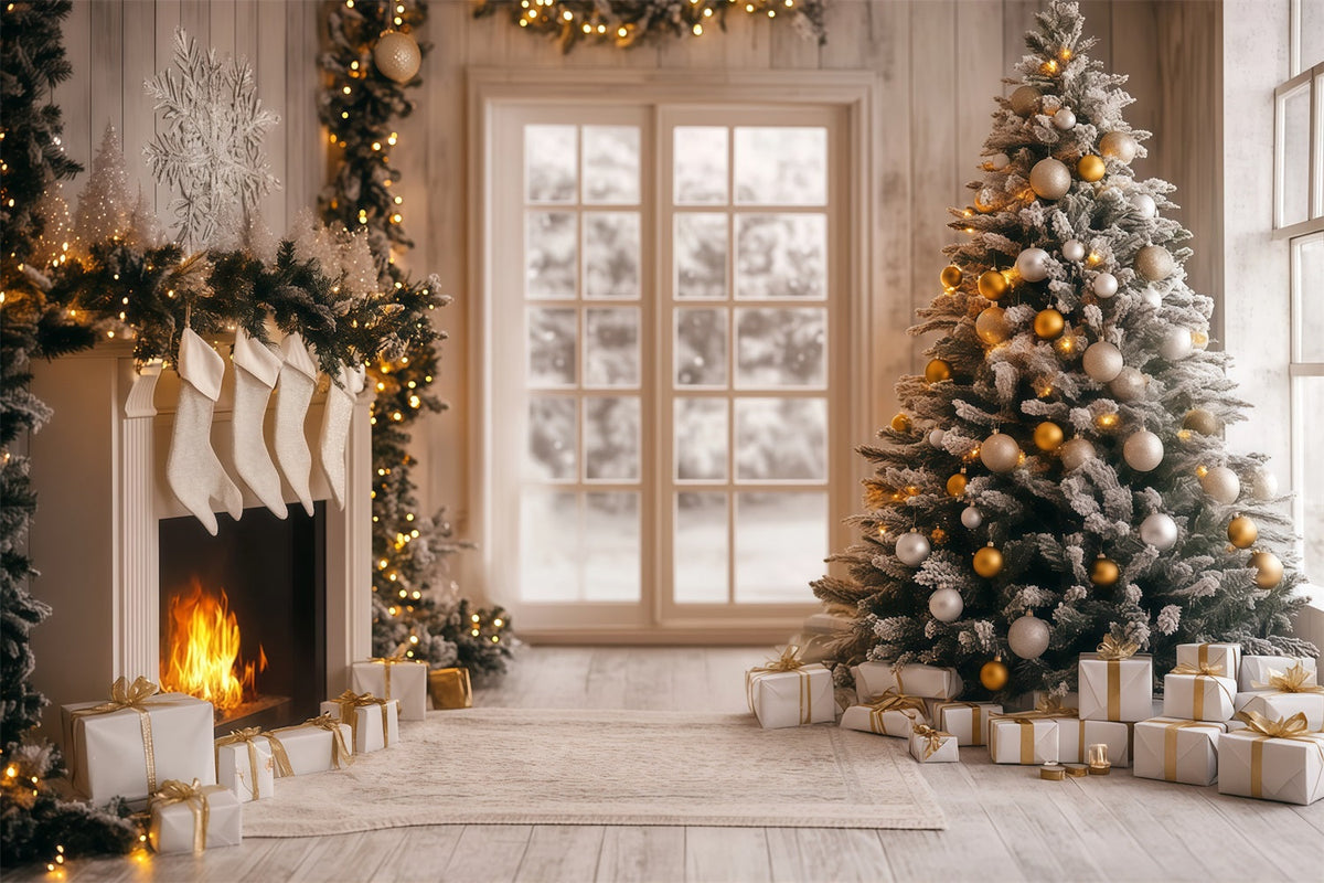 Modern Christmas Backdrop White Gold Hearth Glow Photographic Backdrops Christmas UK RR68-96