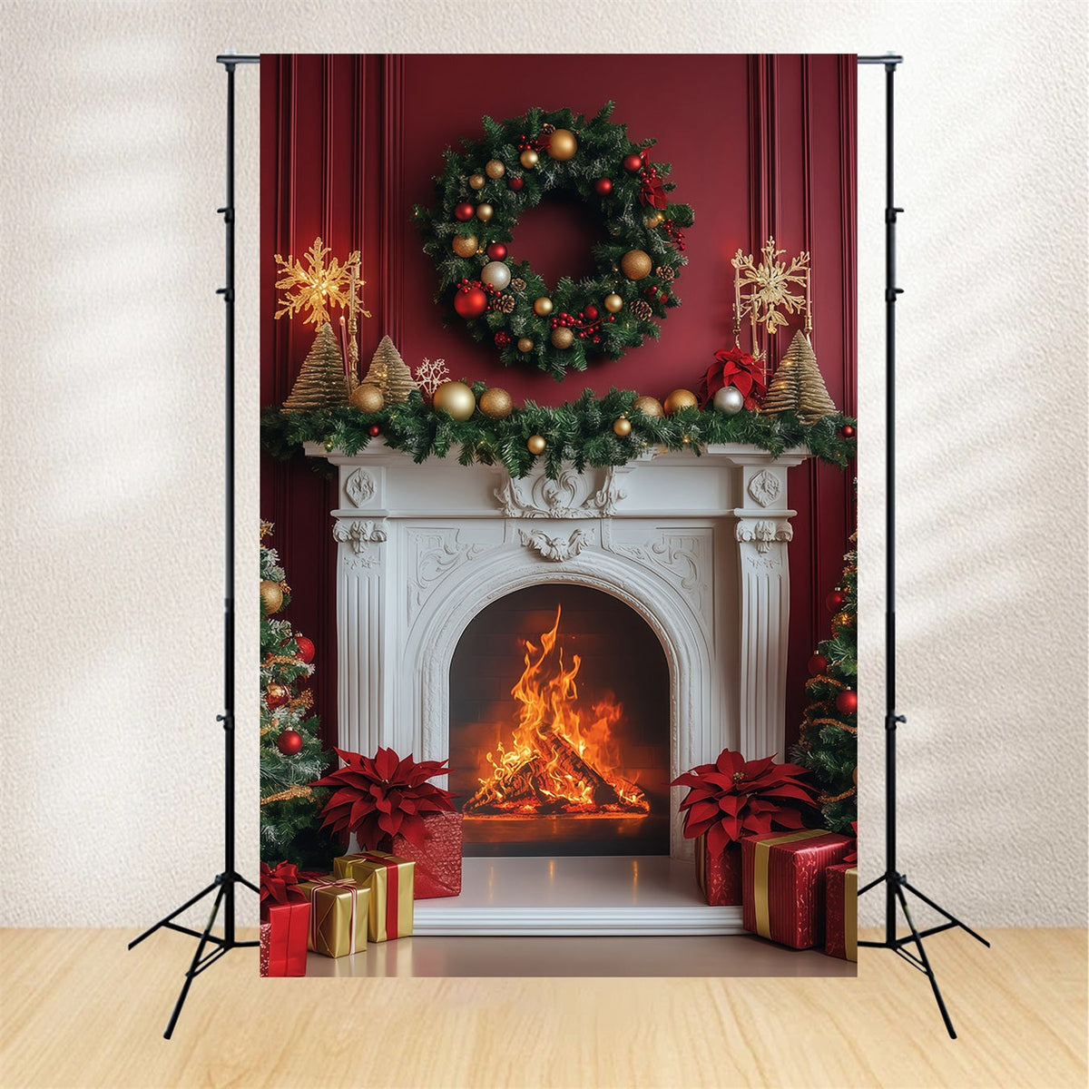 Fireplace Backdrop Christmas Elegant Crimson Wreath Mantel Christmas Backdrops UK RR68-99