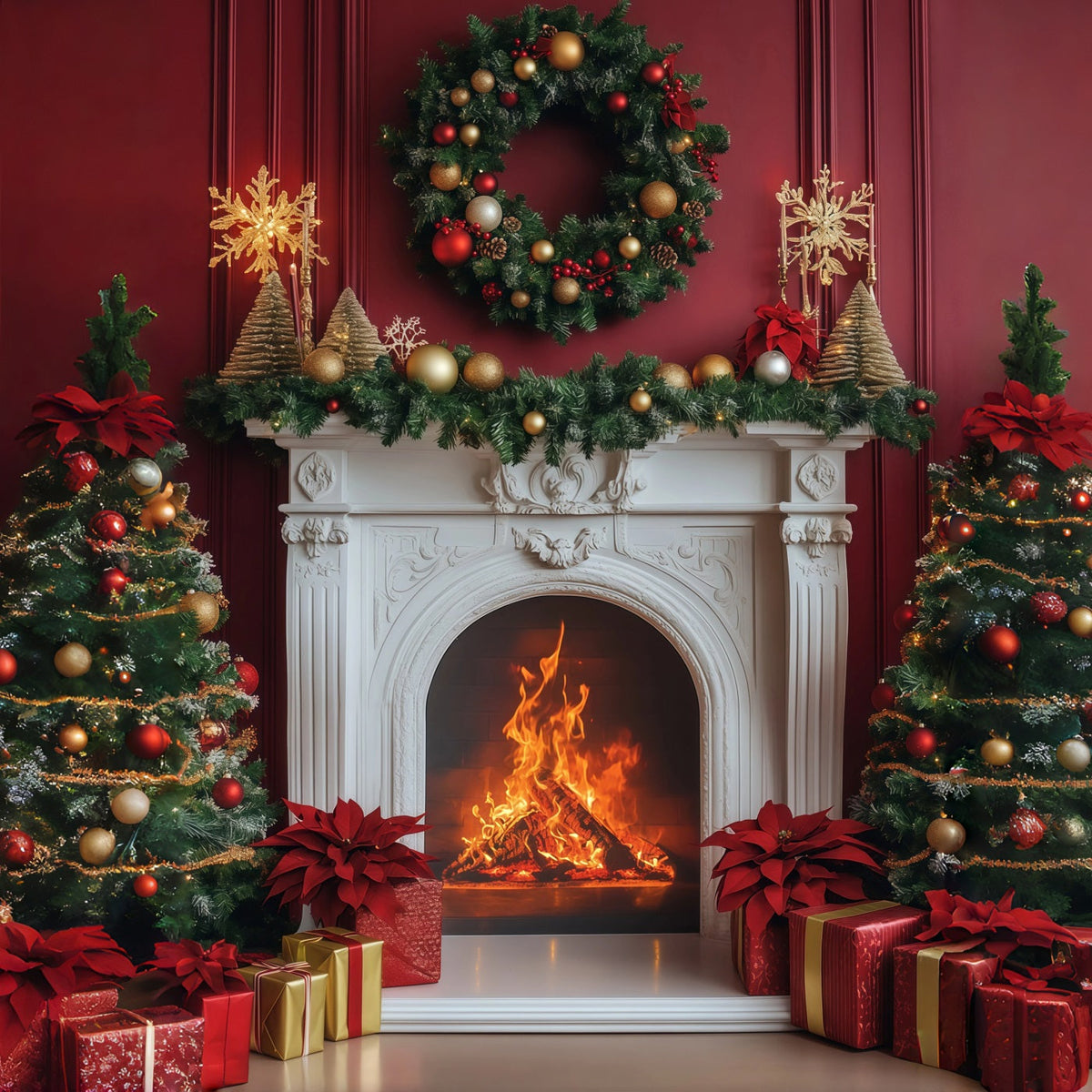Fireplace Backdrop Christmas Elegant Crimson Wreath Mantel Christmas Backdrops UK RR68-99