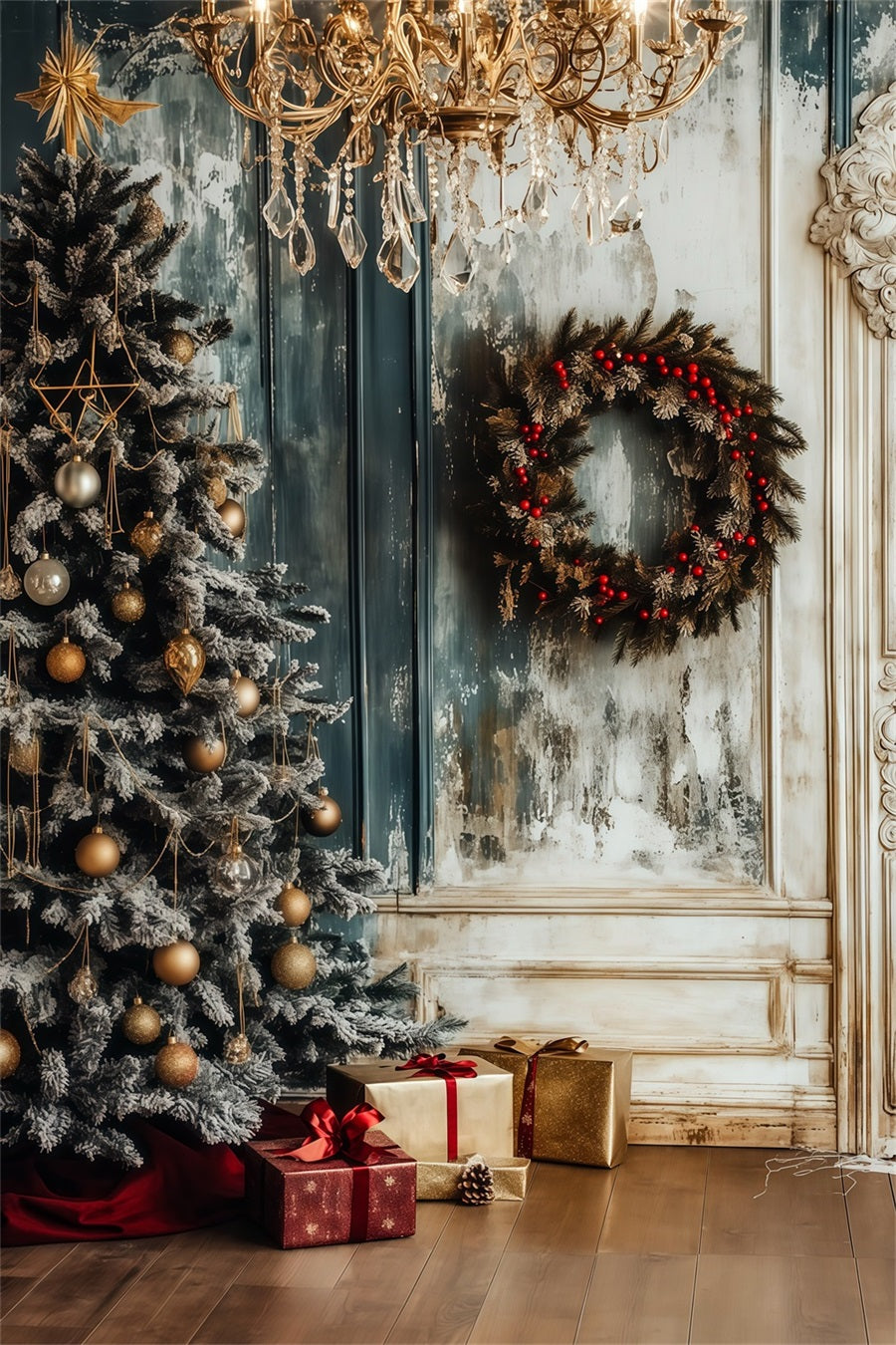 Christmas Wood Backdrop Frosted Chandelier Wreath Corner Christmas Photo Backdrops UK RR69-1