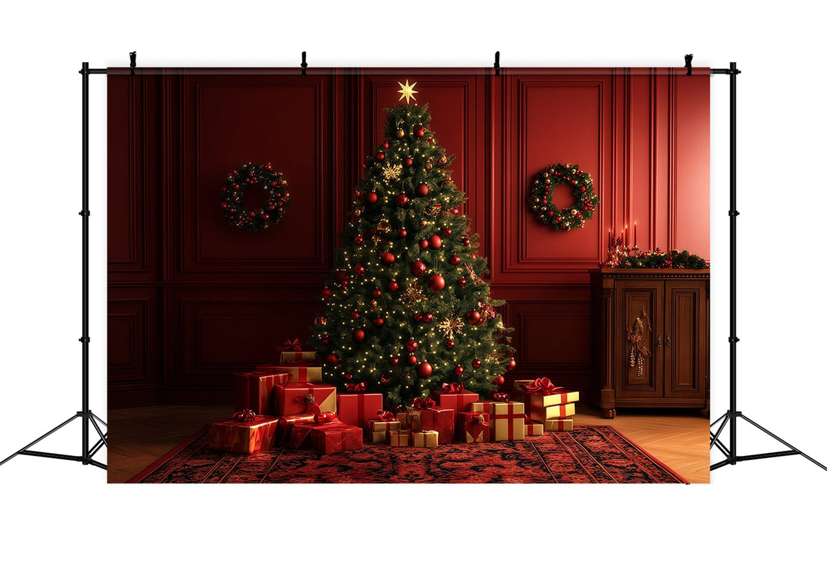 Red Christmas Backdrop Glowing Tree Gift Room Large Christmas Backdrop UK RR69-10