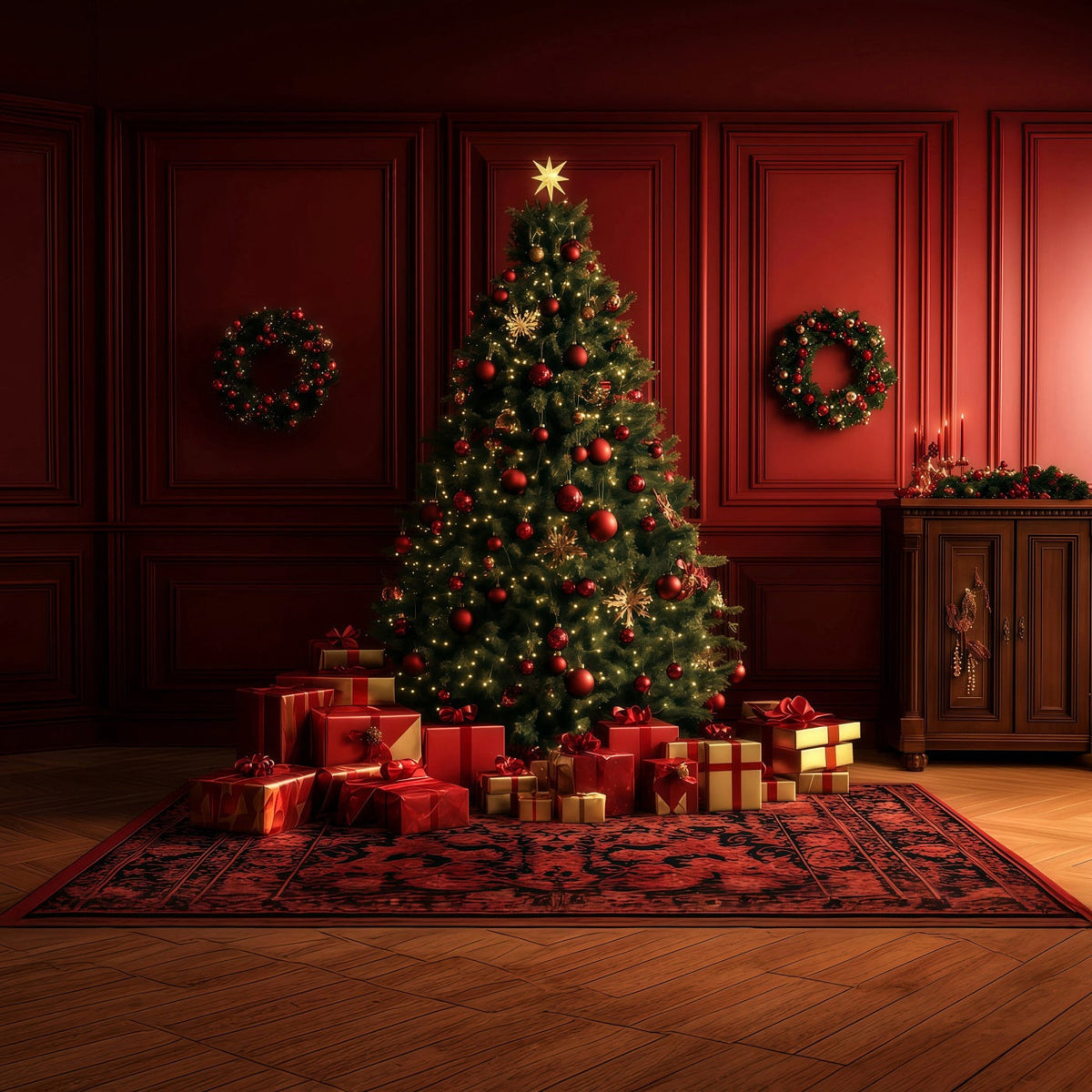 Red Christmas Backdrop Glowing Tree Gift Room Large Christmas Backdrop UK RR69-10