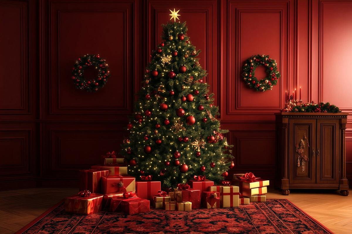 Red Christmas Backdrop Glowing Tree Gift Room Large Christmas Backdrop UK RR69-10