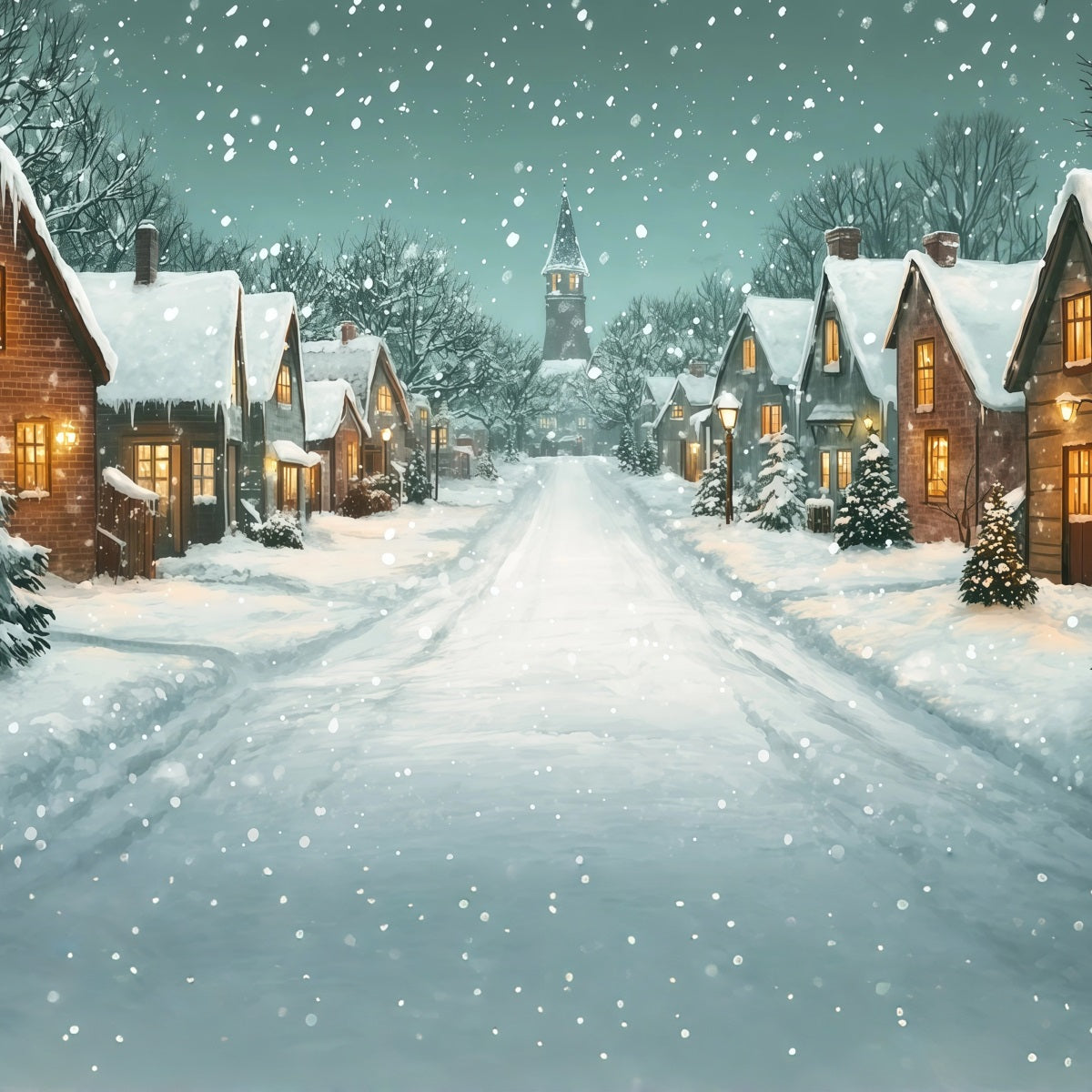 Christmas Street Backdrop Snowy Village Church Lane Photo Backdrop Christmas UK RR69-100