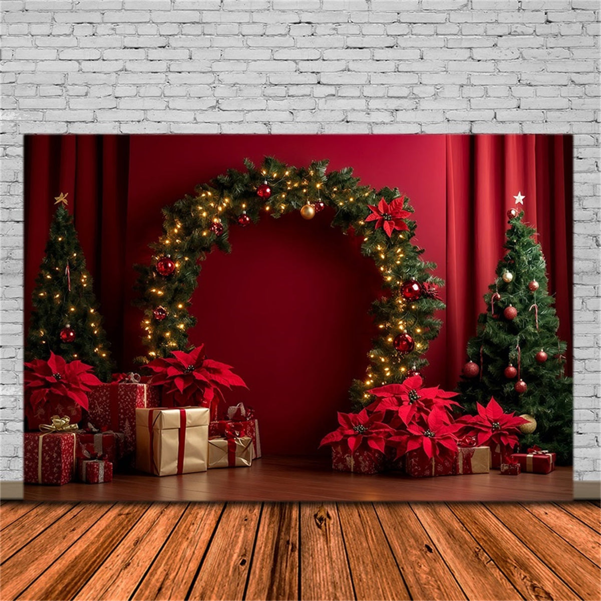 Red Christmas Backdrop Poinsettia Garland Arch Display Backdrops Christmas UK RR69-105