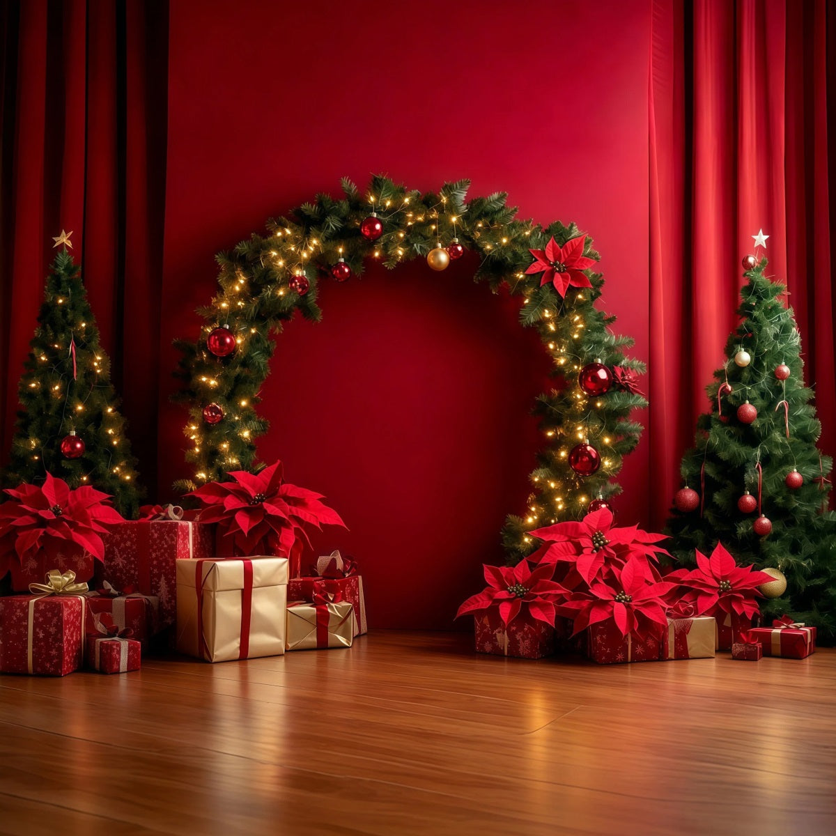 Red Christmas Backdrop Poinsettia Garland Arch Display Backdrops Christmas UK RR69-105