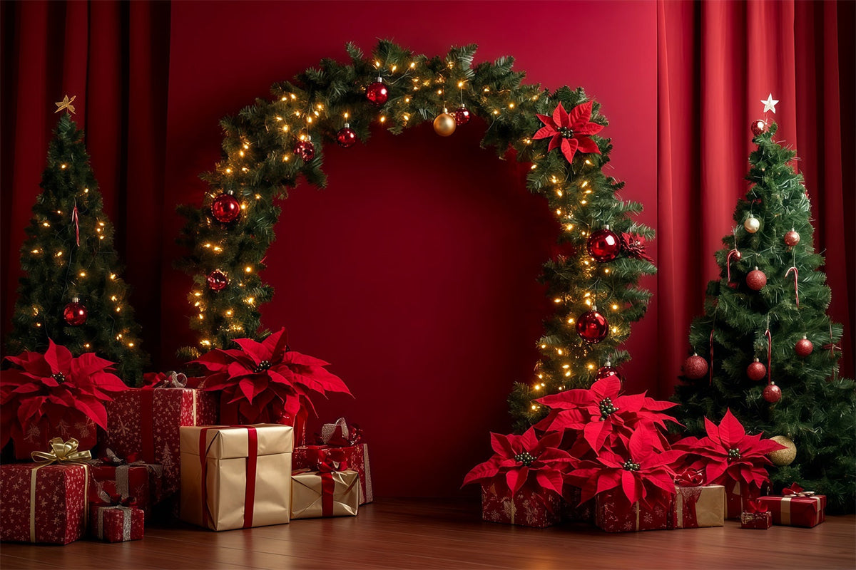 Red Christmas Backdrop Poinsettia Garland Arch Display Backdrops Christmas UK RR69-105