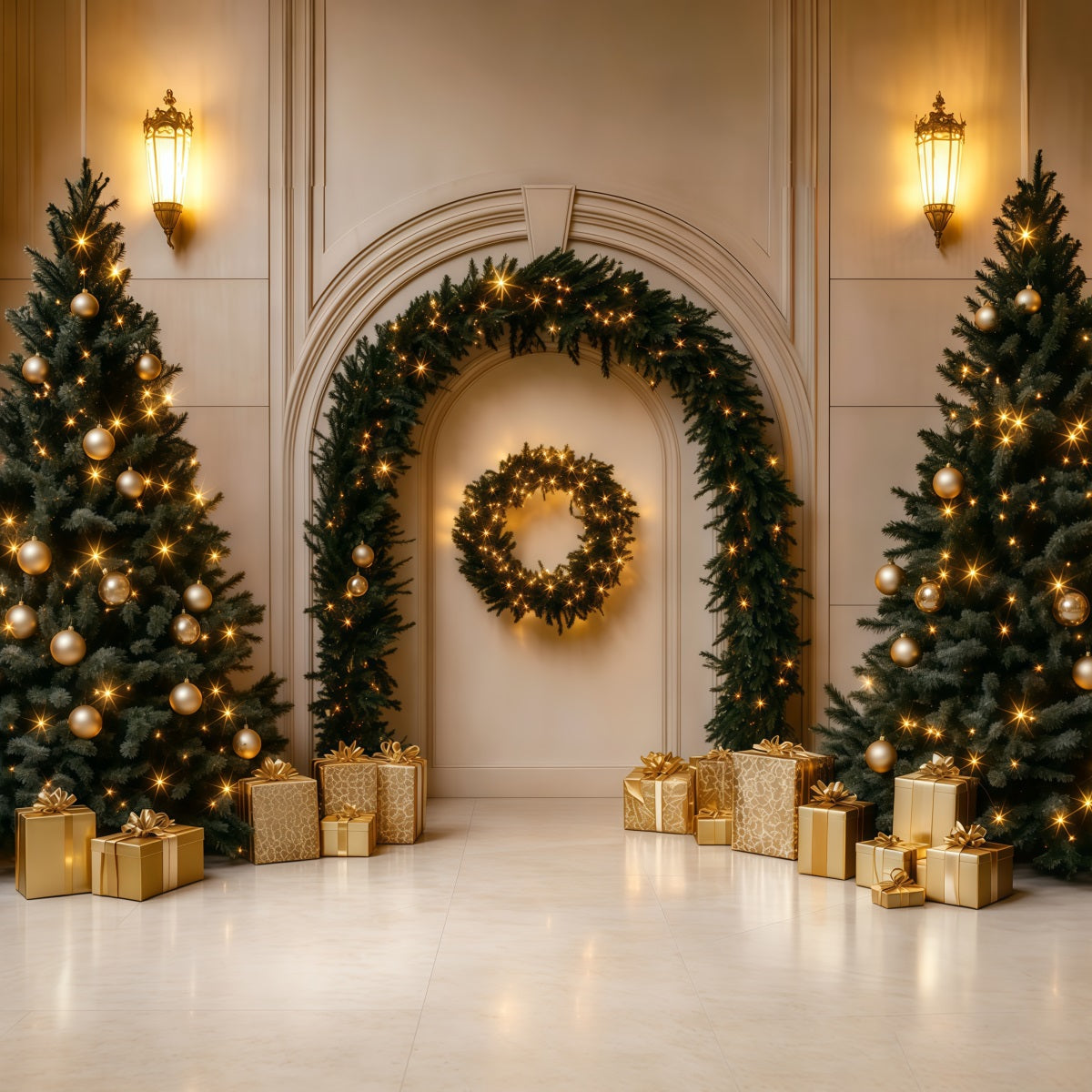 Christmas Ornament Backdrop Golden Arch Tree Gift Photography Backdrops Christmas UK RR69-107
