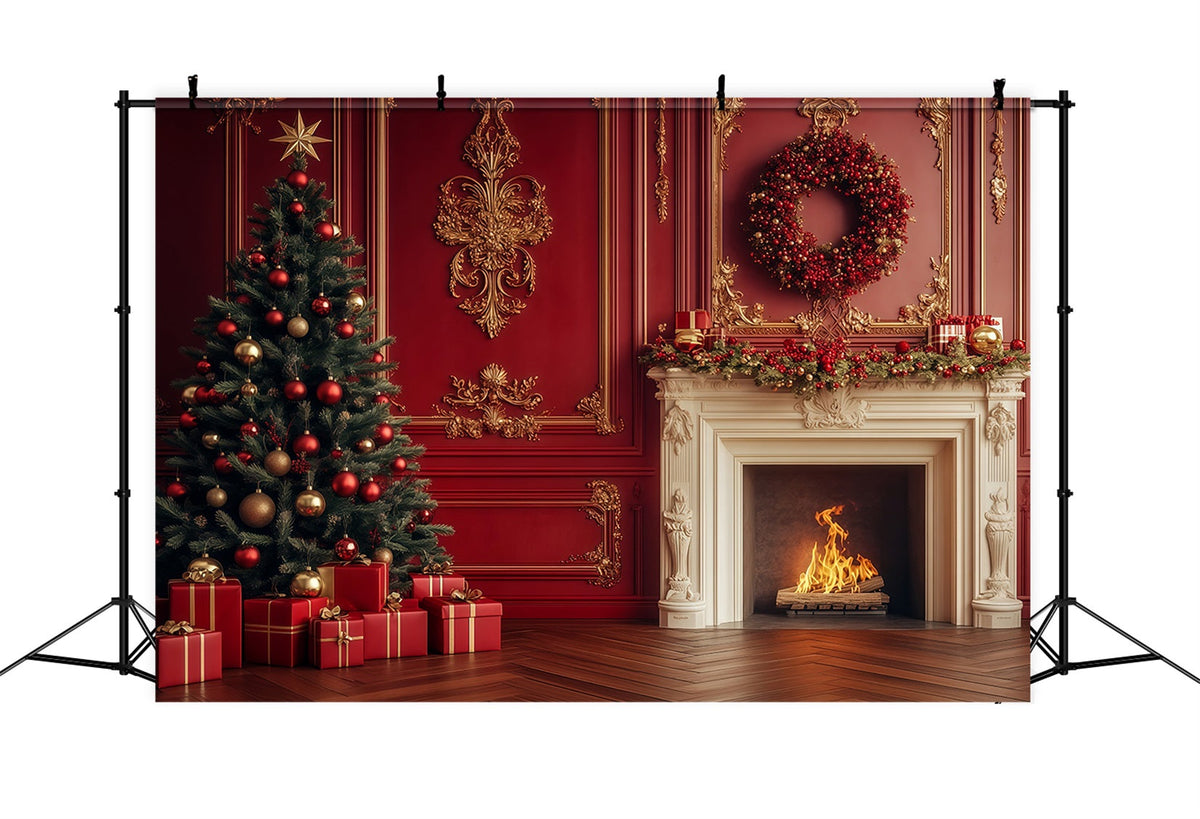Christmas Fireplace Backdrop Vintage Crimson Mantel Wreath Backdrops Christmas UK RR69-11