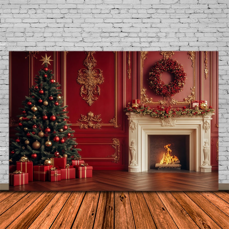 Christmas Fireplace Backdrop Vintage Crimson Mantel Wreath Backdrops Christmas UK RR69-11