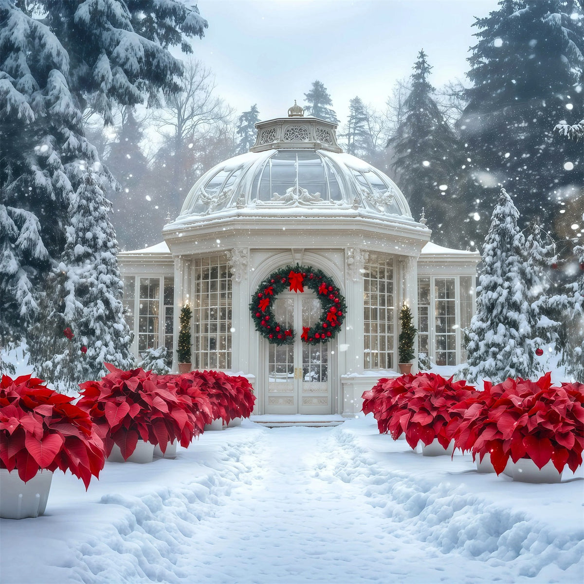 Snowy Christmas Backdrop Conservatory Poinsettia Garden Photography Christmas Backdrop UK RR69-12