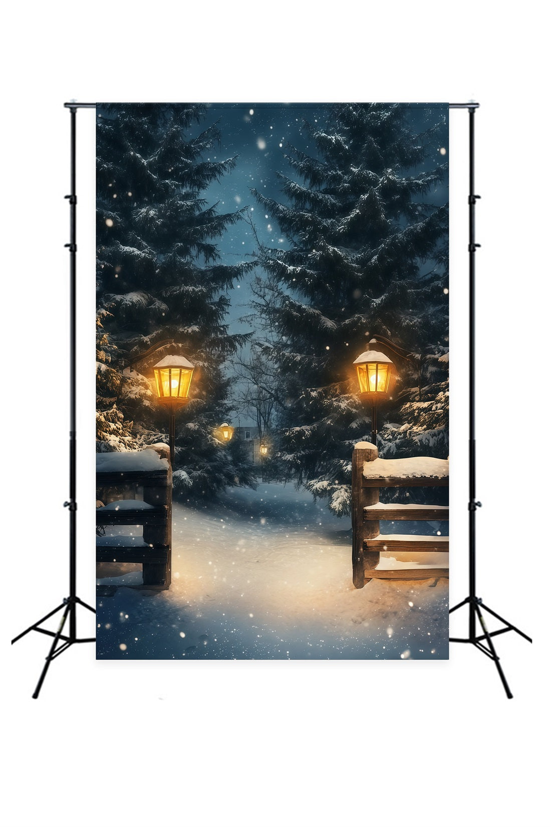 Christmas Snow Backdrop Snowy Lantern Forest Path Photography Backdrops Christmas UK RR69-13