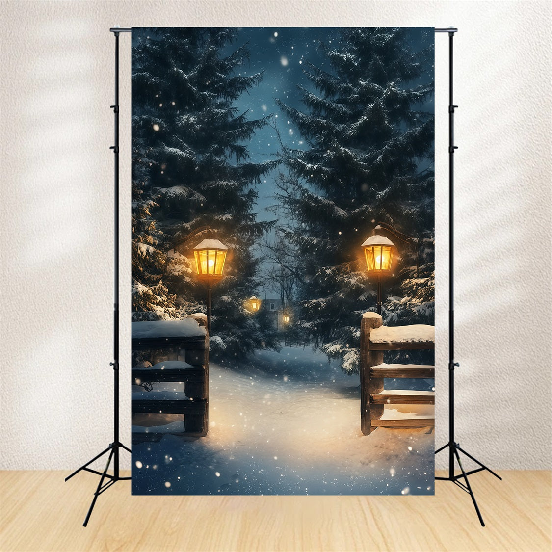 Christmas Snow Backdrop Snowy Lantern Forest Path Photography Backdrops Christmas UK RR69-13