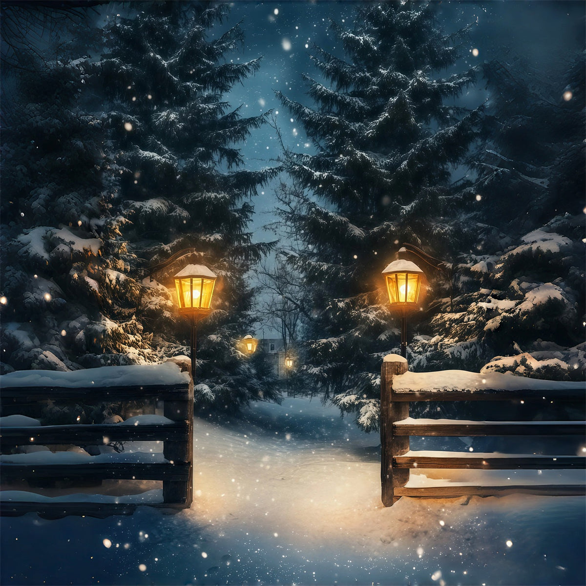 Christmas Snow Backdrop Snowy Lantern Forest Path Photography Backdrops Christmas UK RR69-13