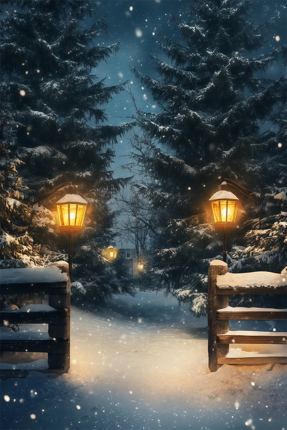 Christmas Snow Backdrop Snowy Lantern Forest Path Photography Backdrops Christmas UK RR69-13