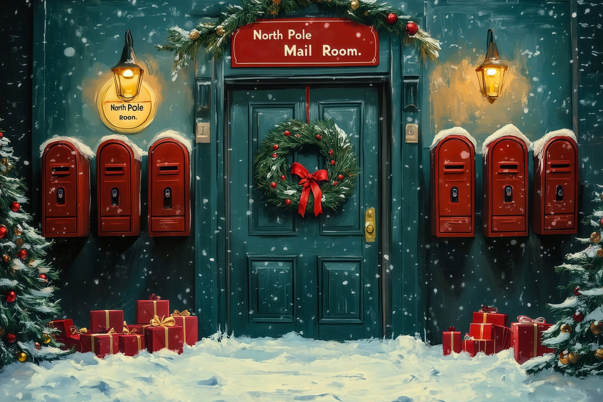 North Pole Christmas Backdrop Snowy Mail Room Door Photo Backdrops Christmas UK RR69-14