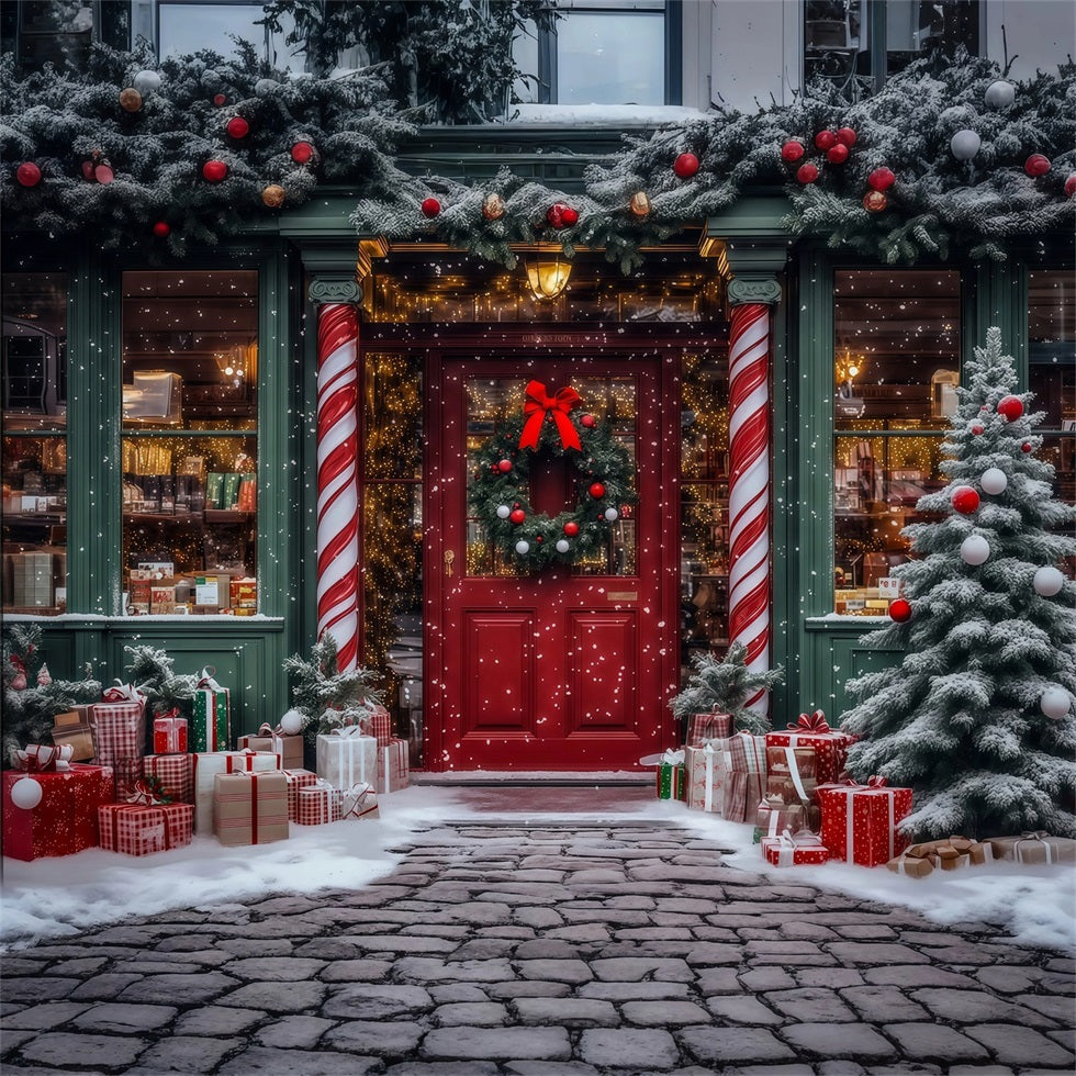 Christmas Toy Shop Backdrop Candy Cane Store Entrance Christmas Studio Backdrop UK RR69-16