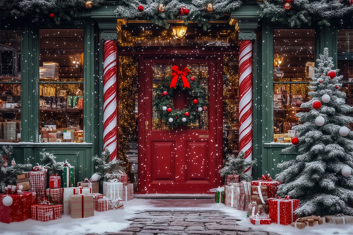 Christmas Toy Shop Backdrop Candy Cane Store Entrance Christmas Studio Backdrop UK RR69-16
