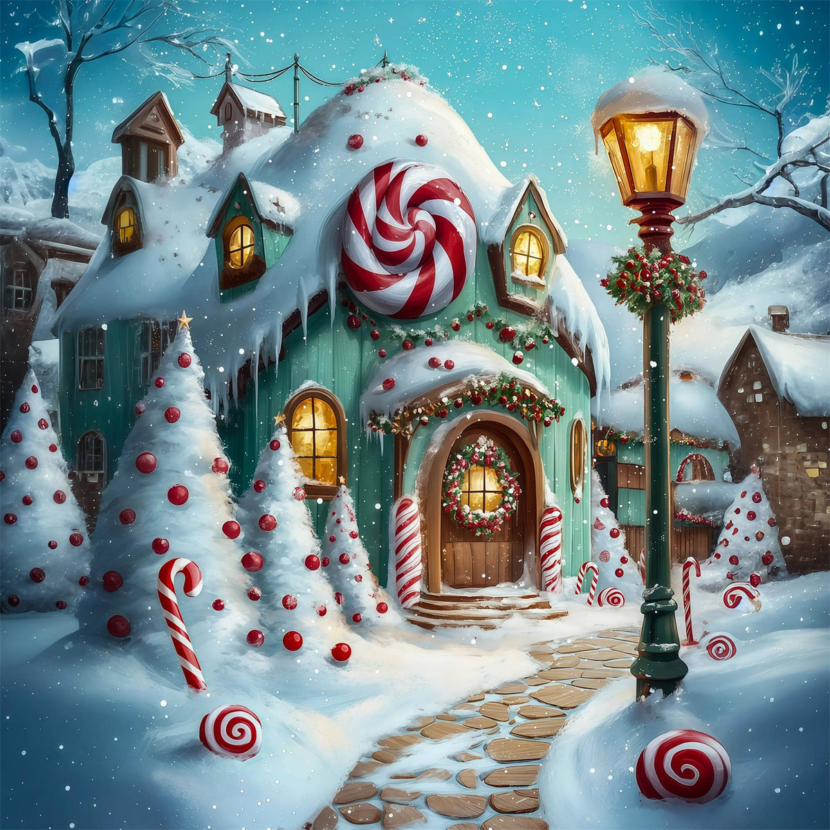 Christmas Candy Backdrop Snowy Gingerbread Cottage Pathway Indoor Christmas Backdrop UK RR69-18