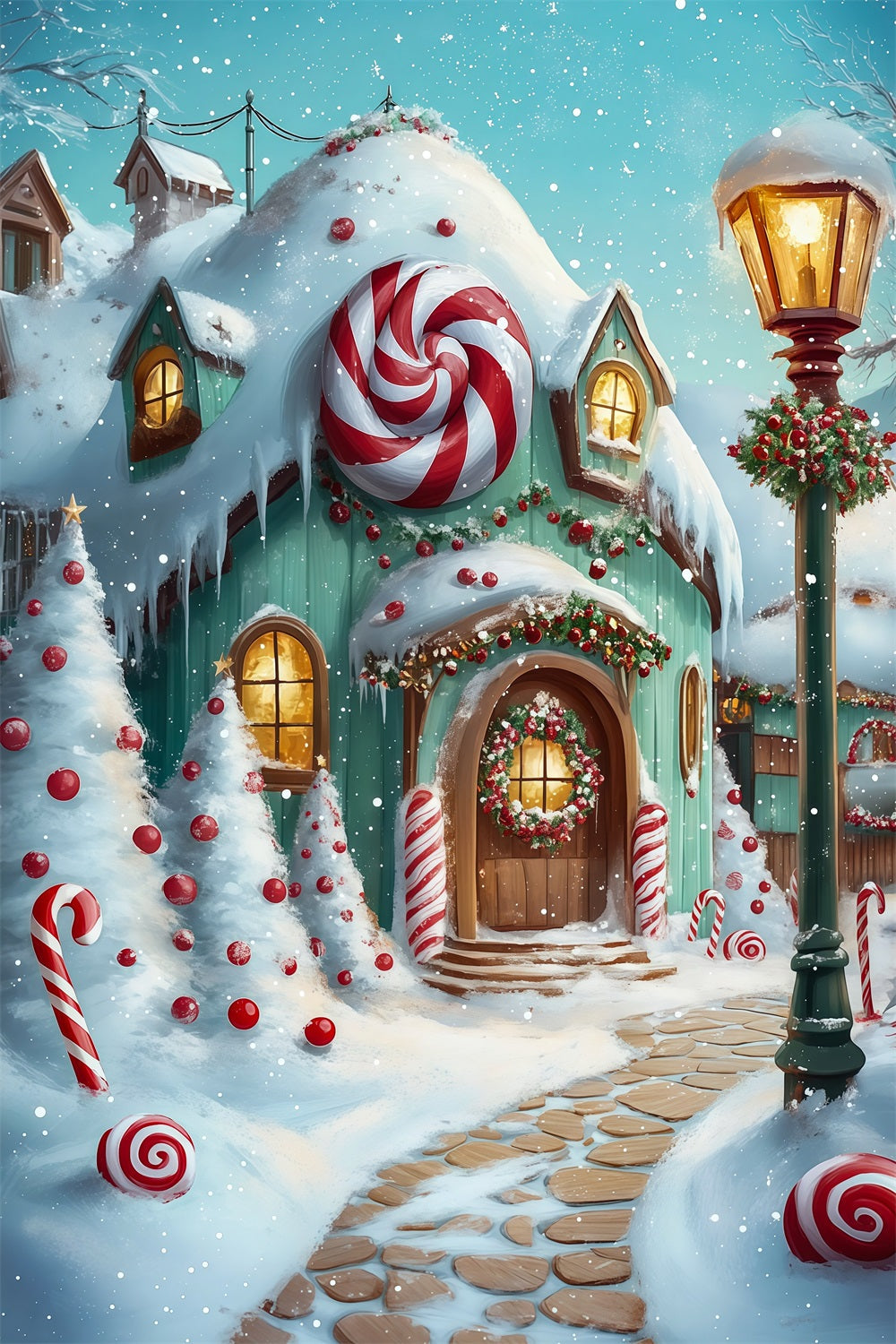 Christmas Candy Backdrop Snowy Gingerbread Cottage Pathway Indoor Christmas Backdrop UK RR69-18