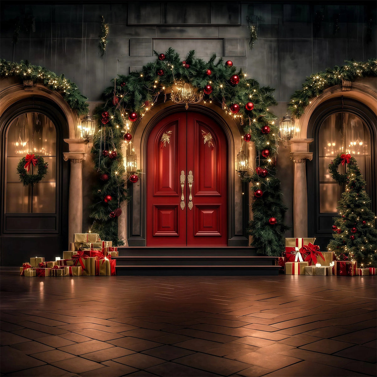 Christmas Arch Backdrop Luxury Garland Door Entrance Studio Backdrops Christmas UK RR69-19