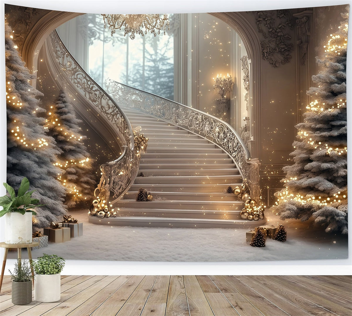 Large Christmas Backdrop Grand Staircase Sparkle Glow Backdrop Christmas UK RR69-2