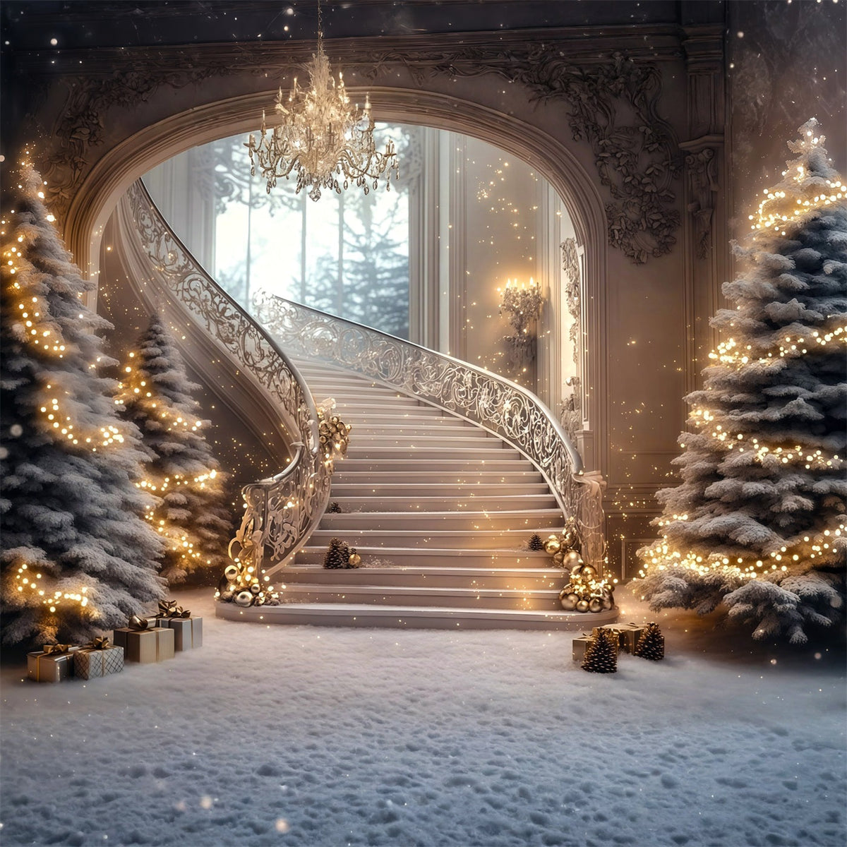 Large Christmas Backdrop Grand Staircase Sparkle Glow Backdrop Christmas UK RR69-2