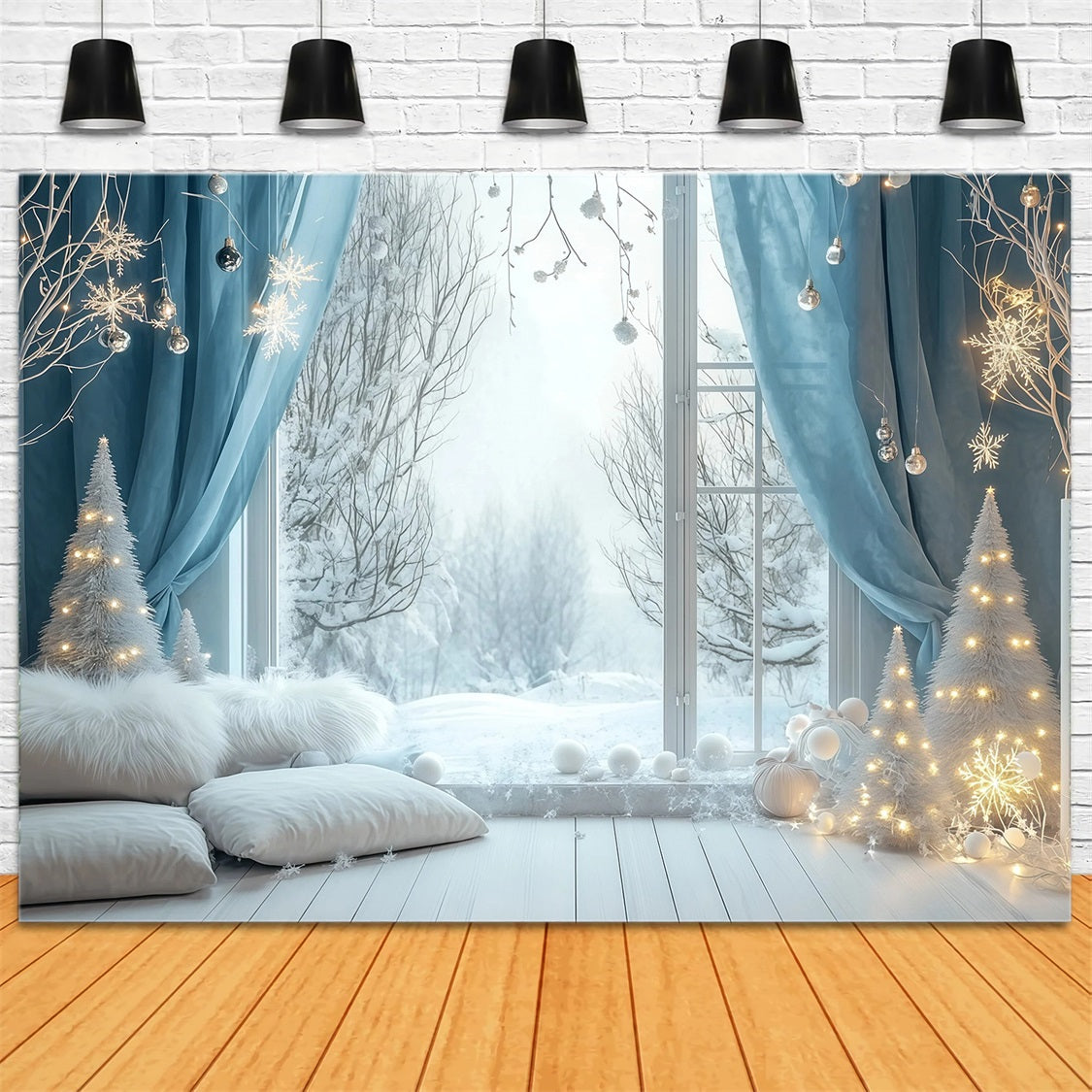 Christmas Lights Backdrop Snowy Blue Window Bedroom Studio Christmas Backdrops UK RR69-24