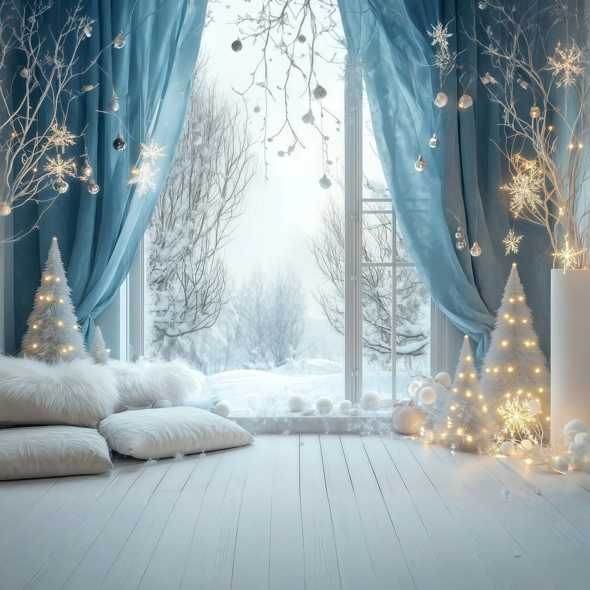 Christmas Lights Backdrop Snowy Blue Window Bedroom Studio Christmas Backdrops UK RR69-24