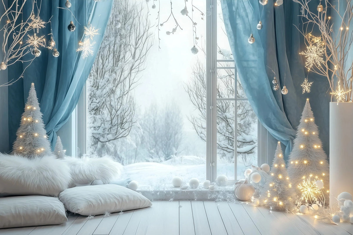 Christmas Lights Backdrop Snowy Blue Window Bedroom Studio Christmas Backdrops UK RR69-24