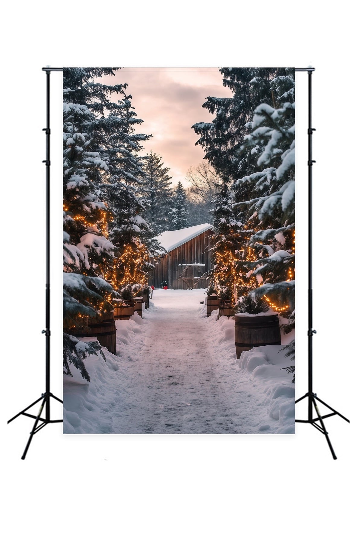 Christmas Cabin Backdrop Snowy Forest Light Path Christmas Studio Backdrop UK RR69-25