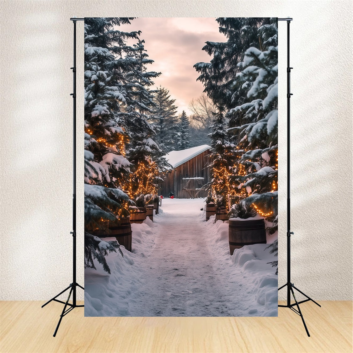Christmas Cabin Backdrop Snowy Forest Light Path Christmas Studio Backdrop UK RR69-25