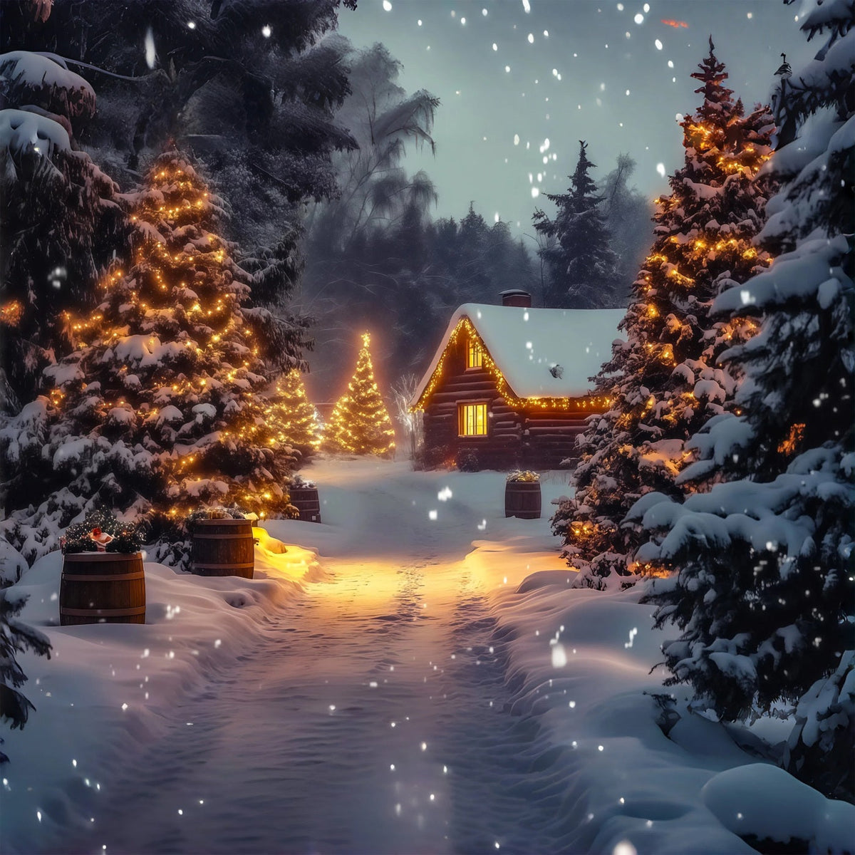 Winter Christmas Backdrop Cozy Cabin Pine Glow Christmas Muslin Backdrop UK RR69-26