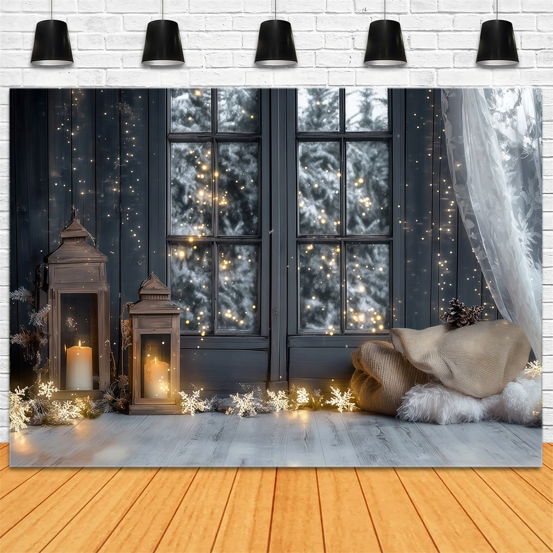 Christmas Lights Backdrop Frosted Window Lantern View Christmas Indoor Backdrop UK RR69-27