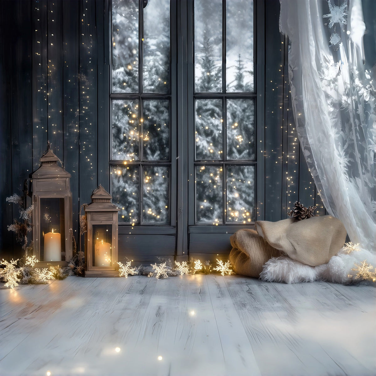 Christmas Lights Backdrop Frosted Window Lantern View Christmas Indoor Backdrop UK RR69-27