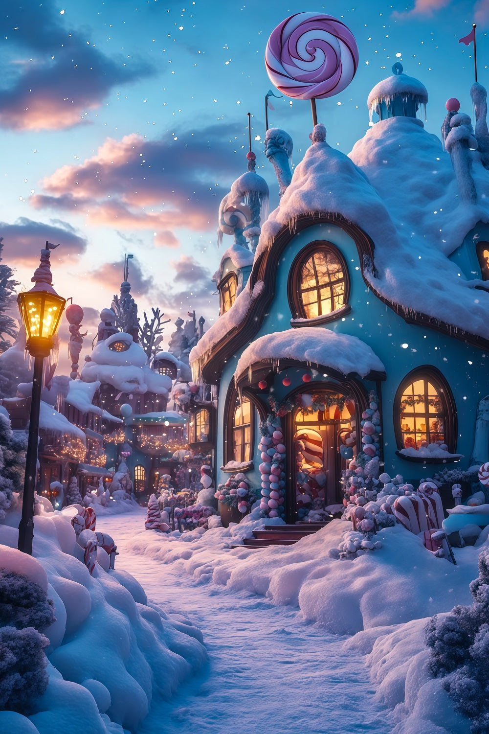 Christmas Village Backdrop Candyland Snowy Cottage Indoor Christmas Backdrops UK RR69-28