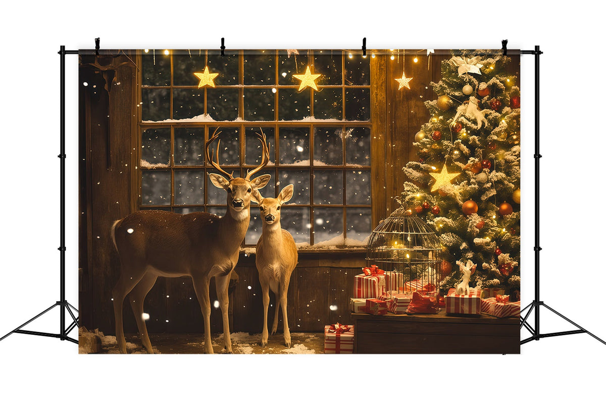 Christmas Window Backdrop Deer Stars Gift Corner Christmas Photography Backdrop UK RR69-3