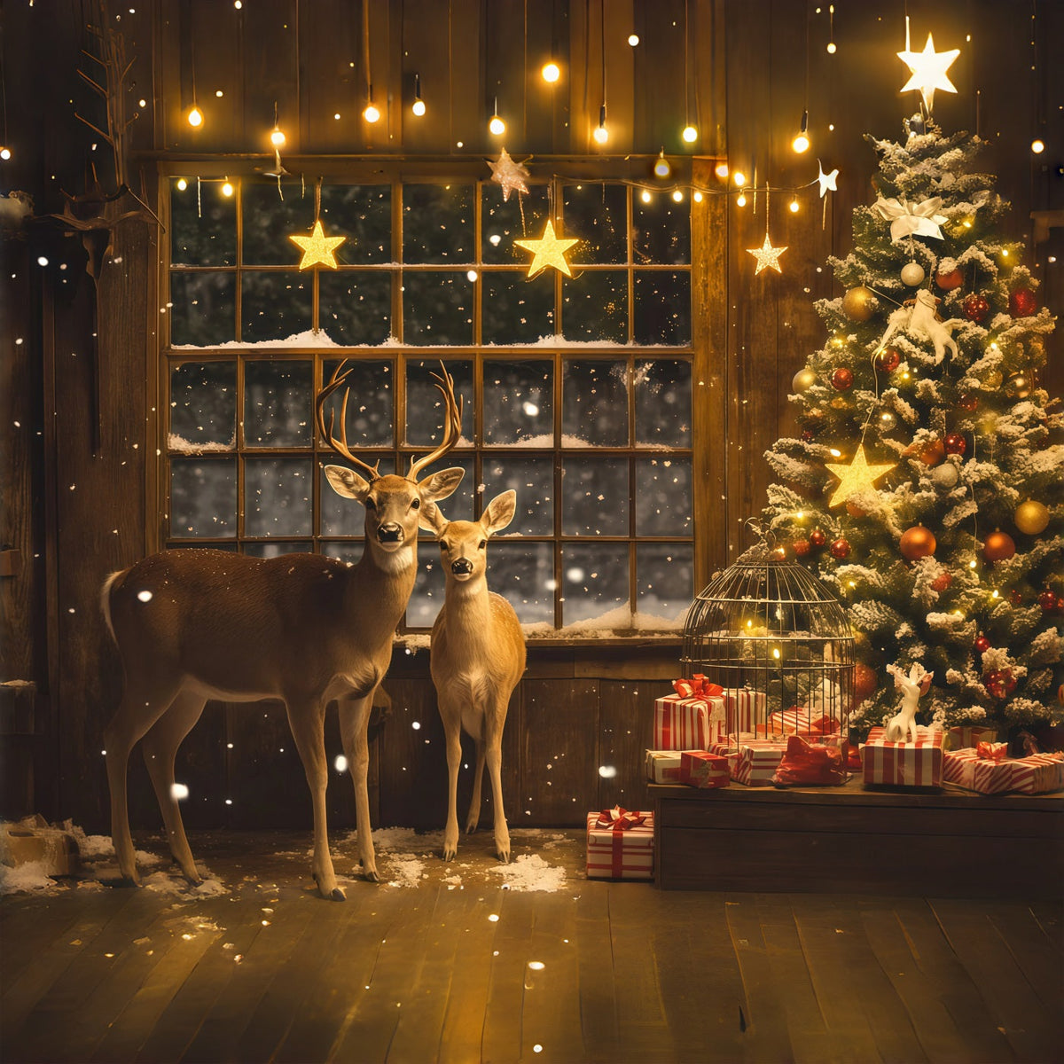 Christmas Window Backdrop Deer Stars Gift Corner Christmas Photography Backdrop UK RR69-3