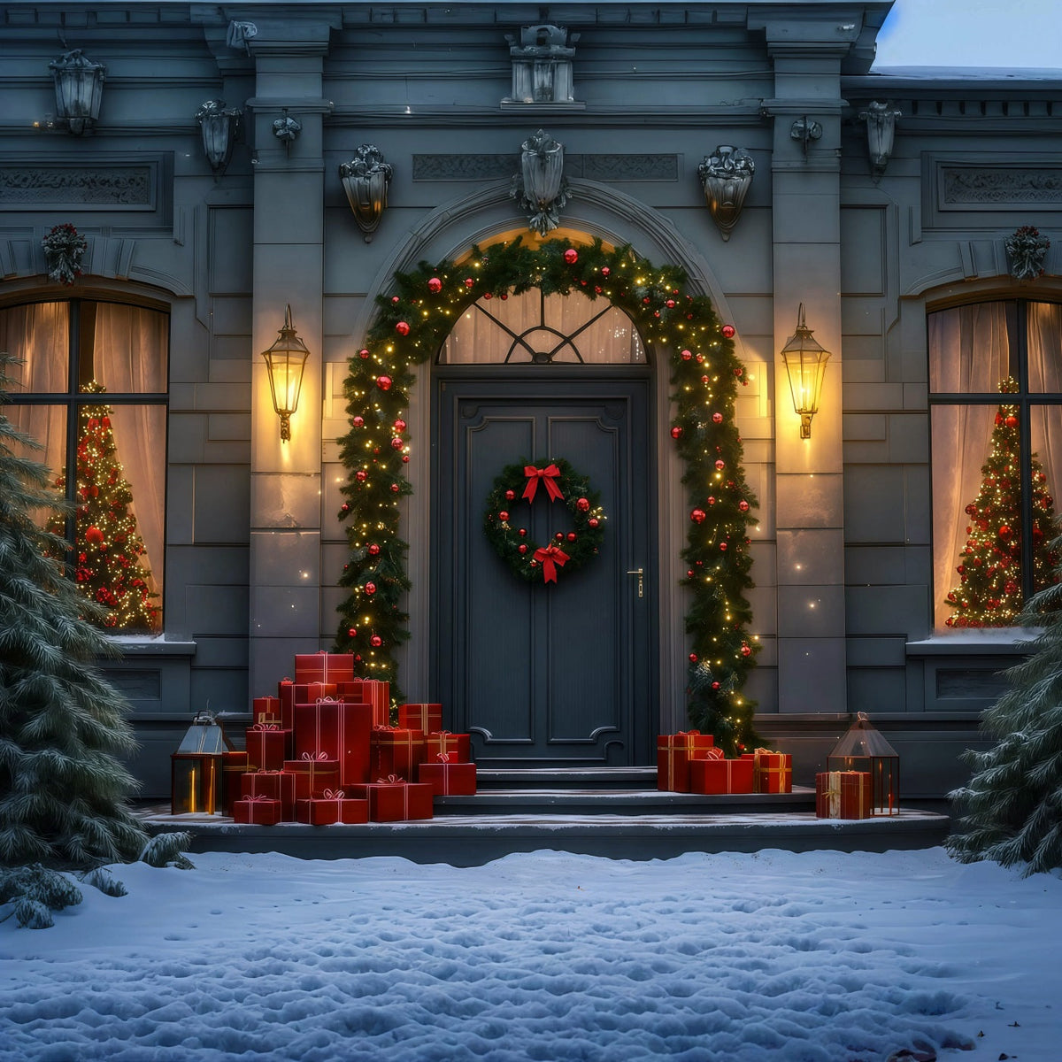 Christmas Night Backdrop Elegant Garland Door Entrance Muslin Christmas Backdrop UK RR69-31